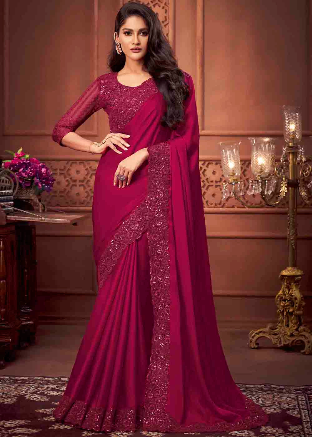 Buy MySilkLove Stiletto Dark Pink Soft Silk Designer Saree Online