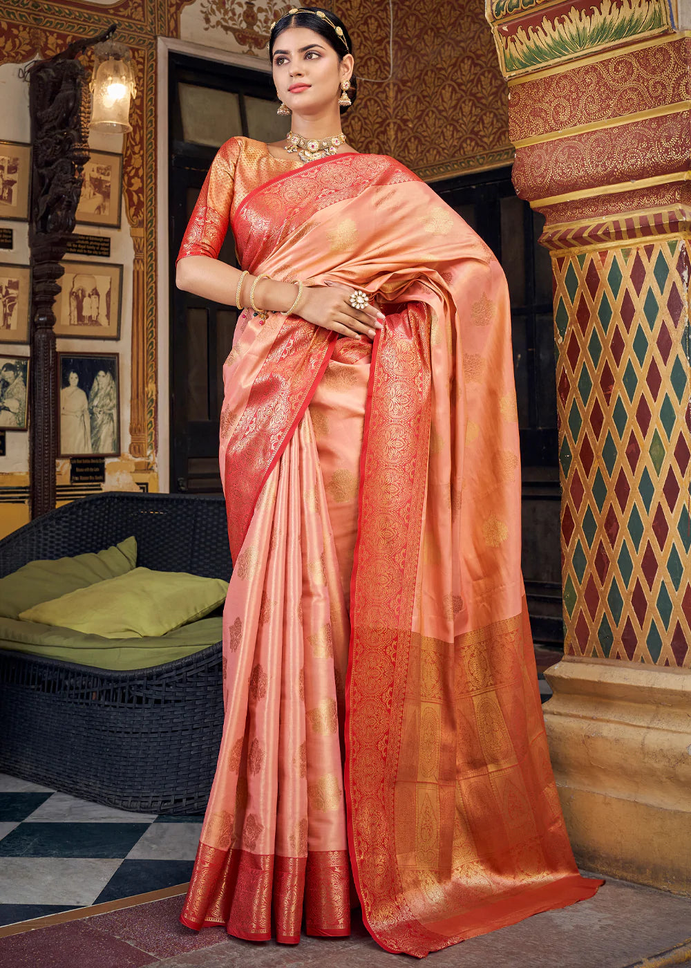 Buy MySilkLove Copperfield Peach Woven Banarasi Barcode Silk Saree Online