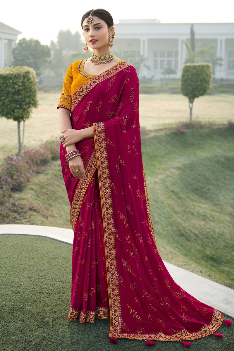 Maroon Chiffon Saree With Foil Print And Zari Border - Vishal Prints -  3968133