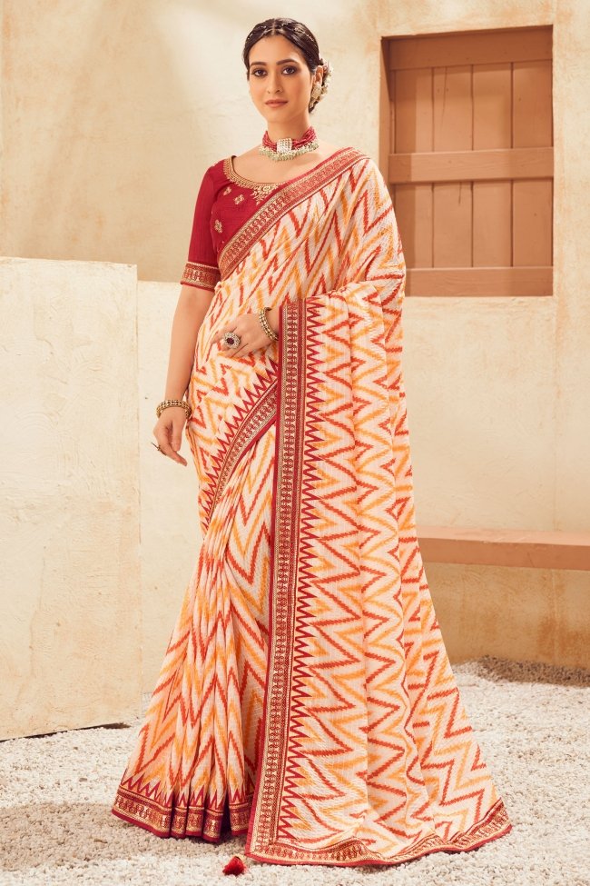 Buy MySilkLove Barley White and Maroon Embroidered Chinon Saree Online