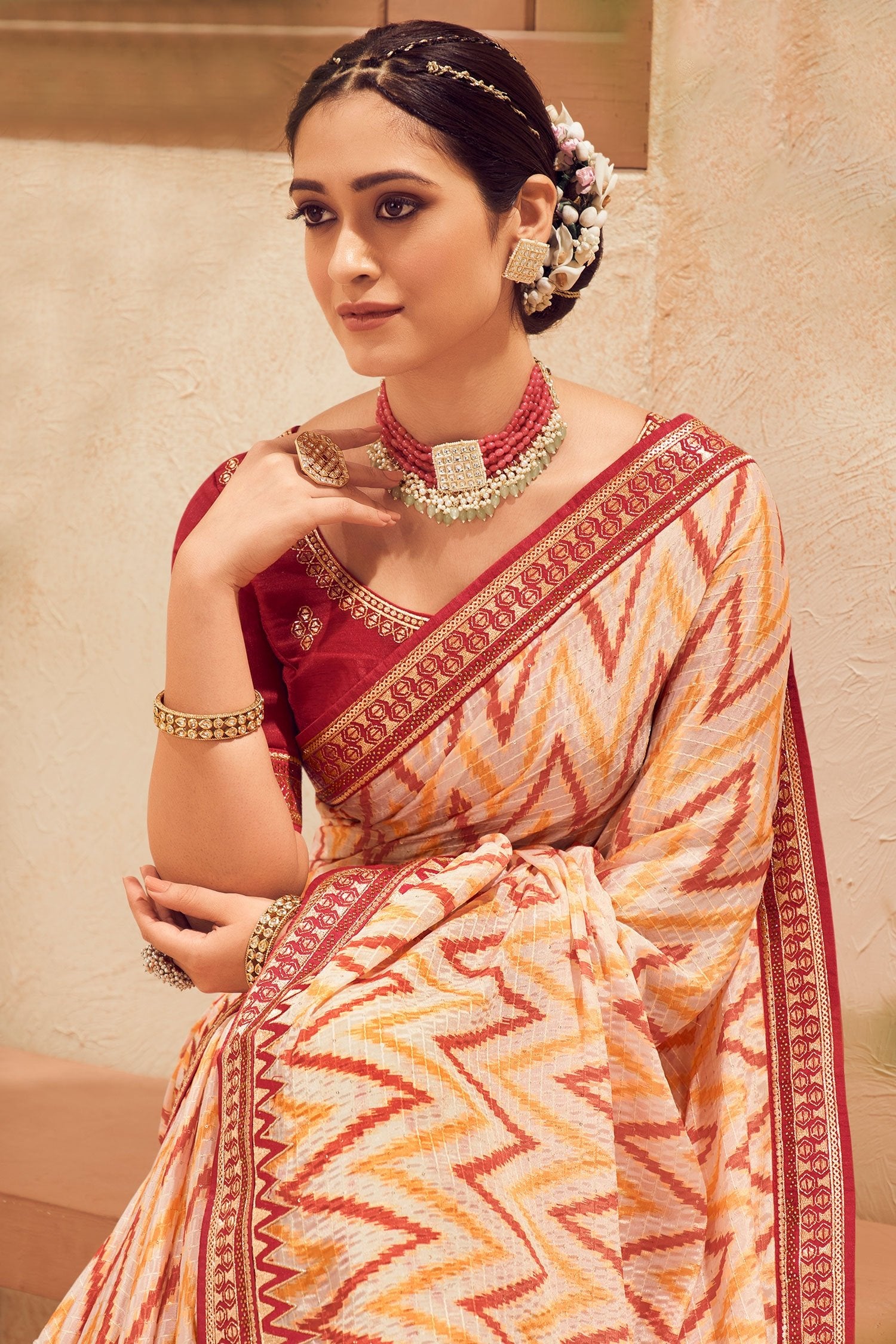 Buy MySilkLove Barley White and Maroon Embroidered Chinon Saree Online