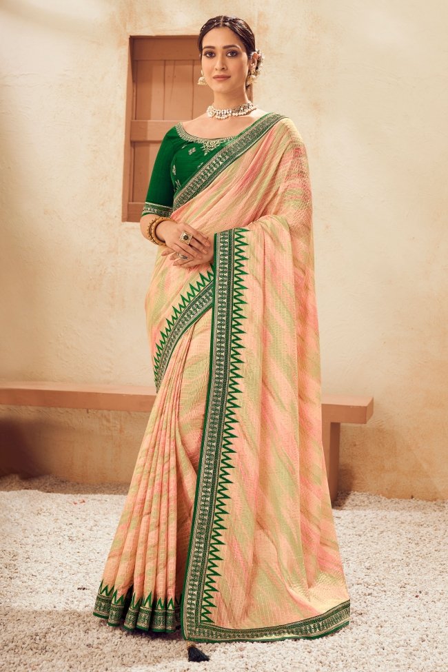 Sidecar Cream and Green Embroidered Chinon Saree