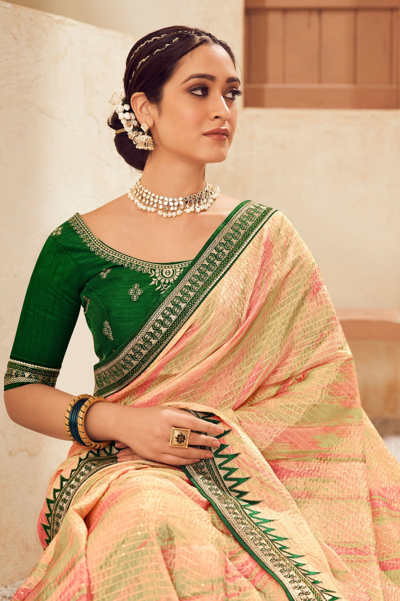 Sidecar Cream and Green Embroidered Chinon Saree