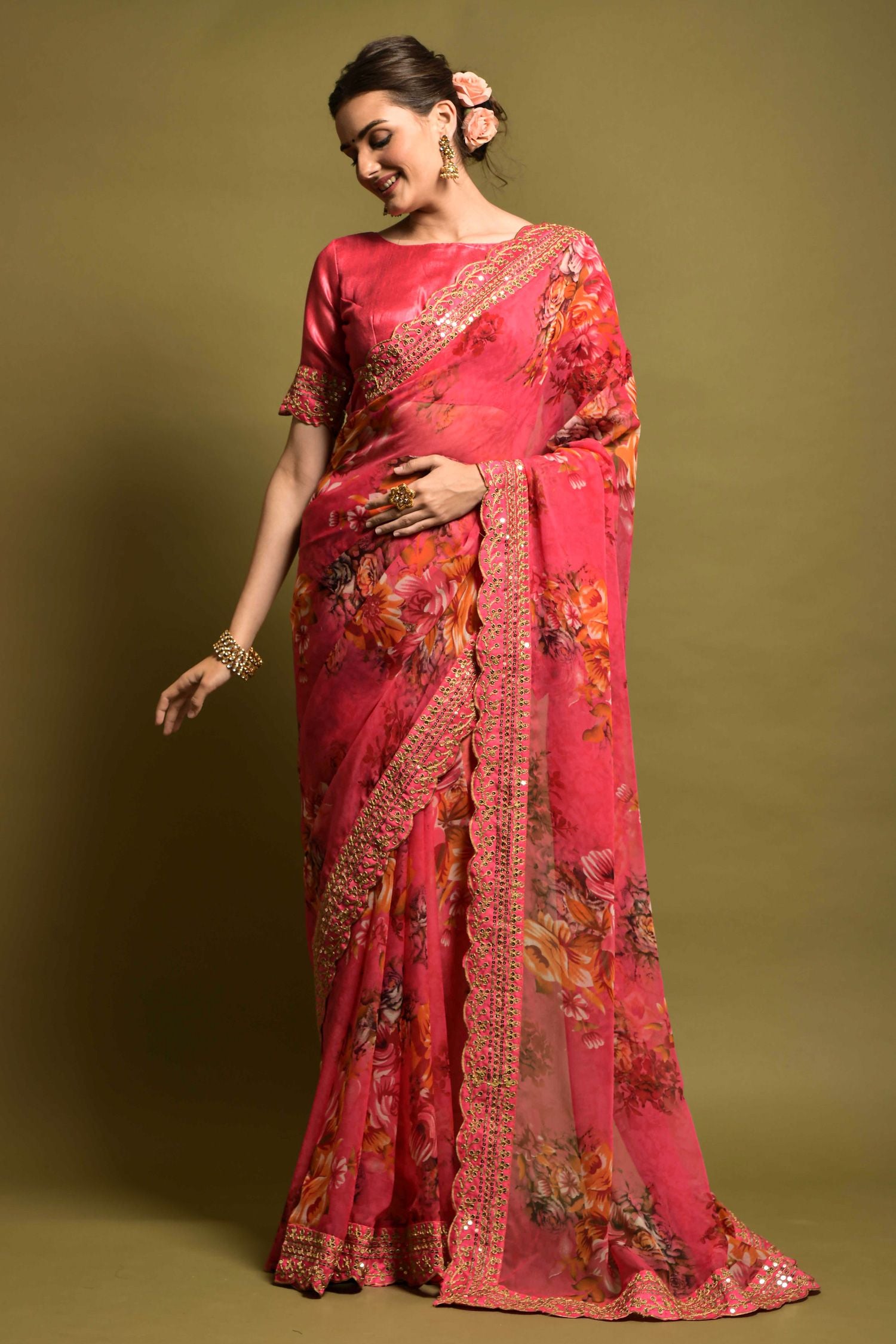 Buy MySilkLove Roman Pink Georgette Printed Silk Saree Online