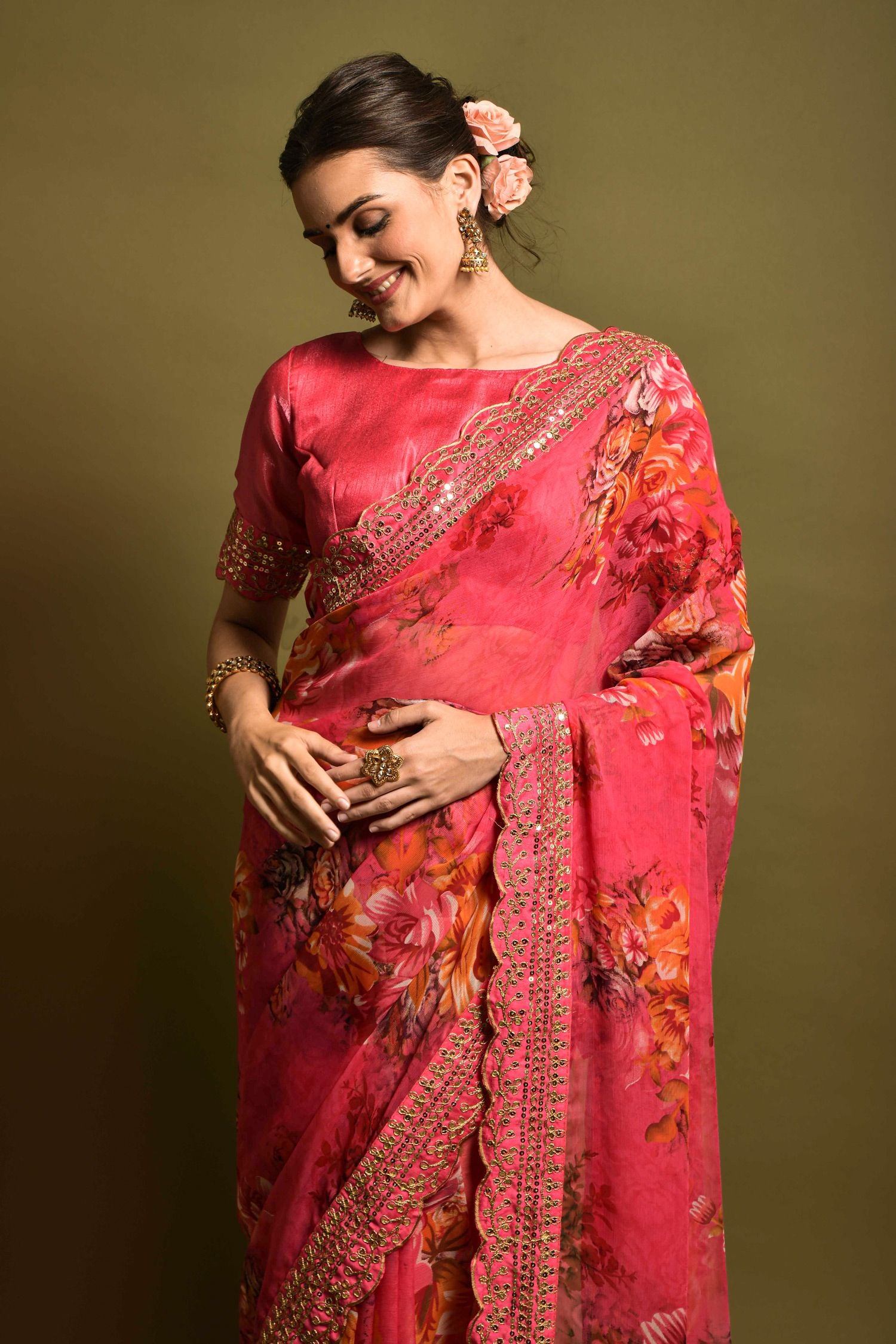 Buy MySilkLove Roman Pink Georgette Printed Silk Saree Online