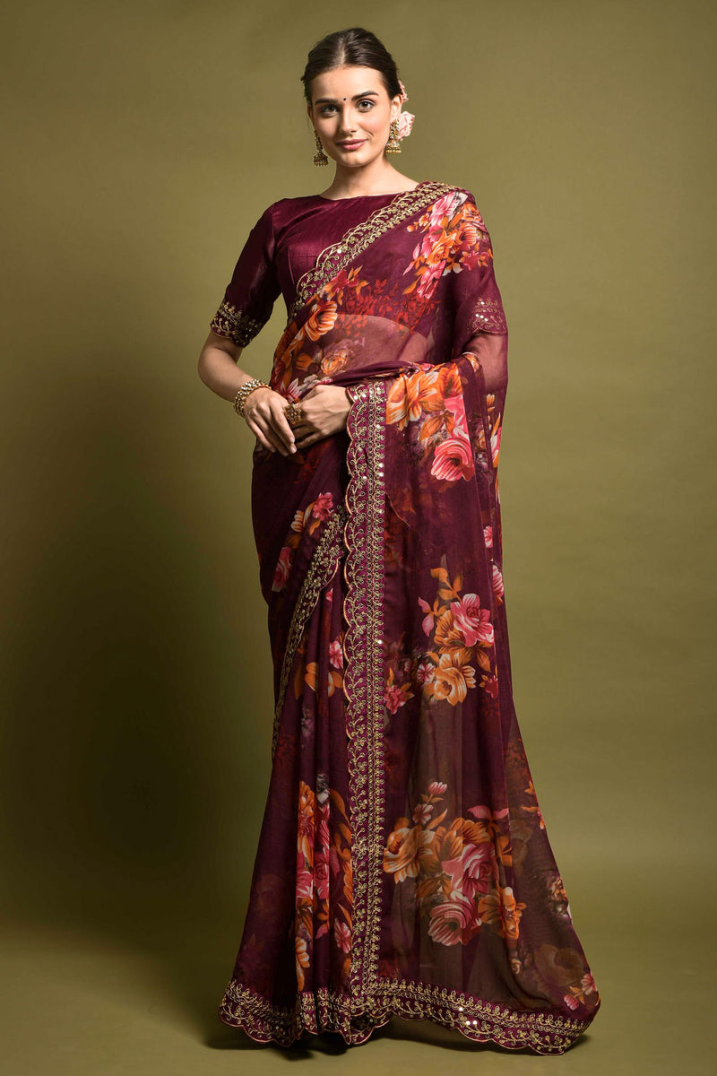 Lotus Purple Georgette Printed Silk Saree