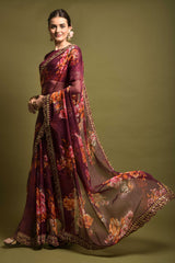 Lotus Purple Georgette Printed Silk Saree