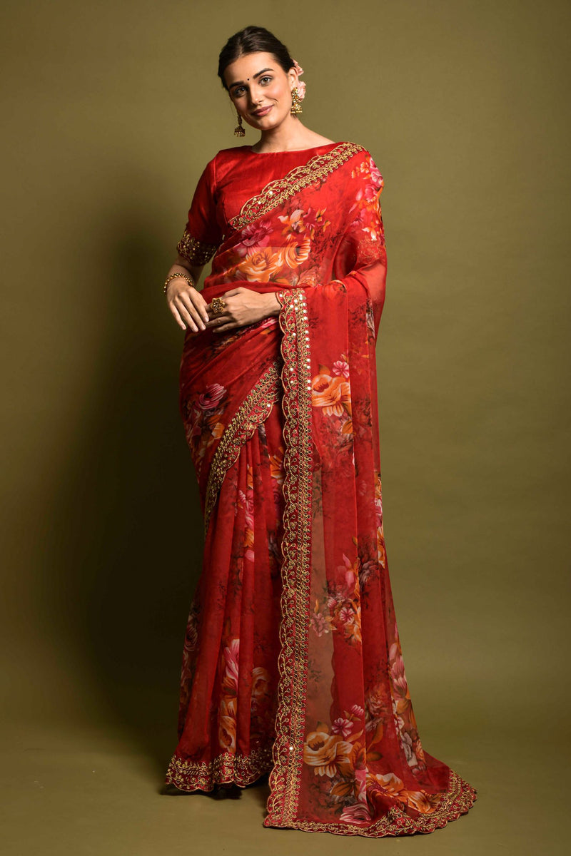 Persian Red Georgette Printed Silk Saree