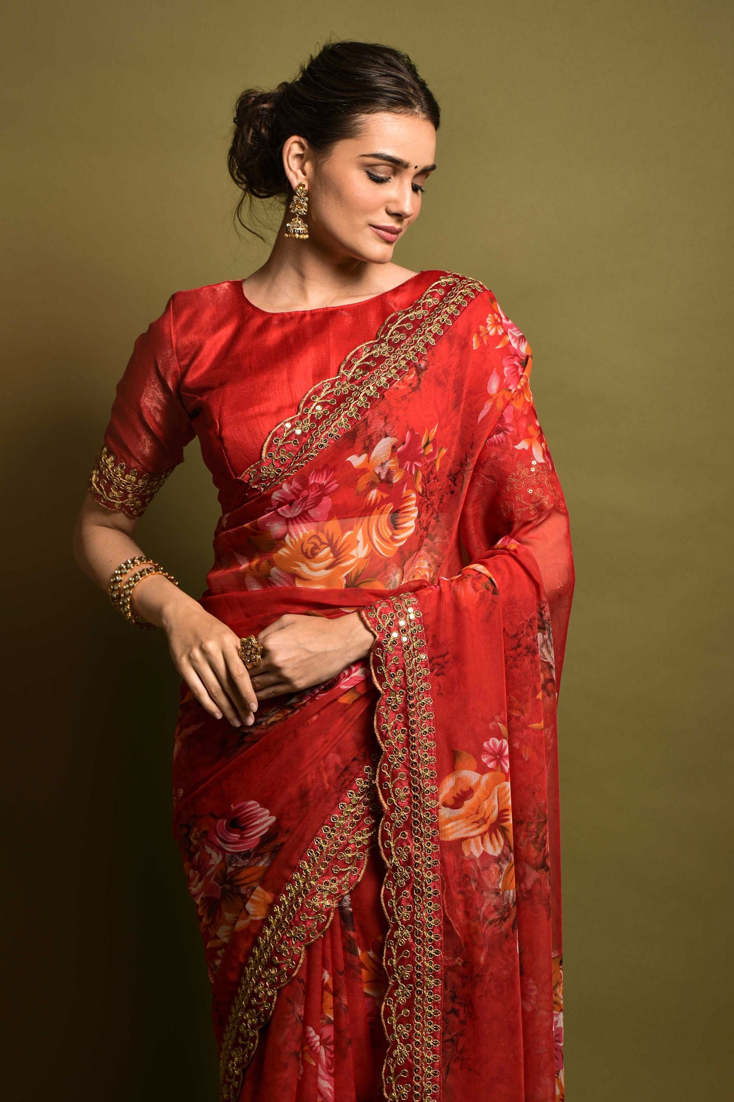 Buy MySilkLove Persian Red Georgette Printed Silk Saree Online