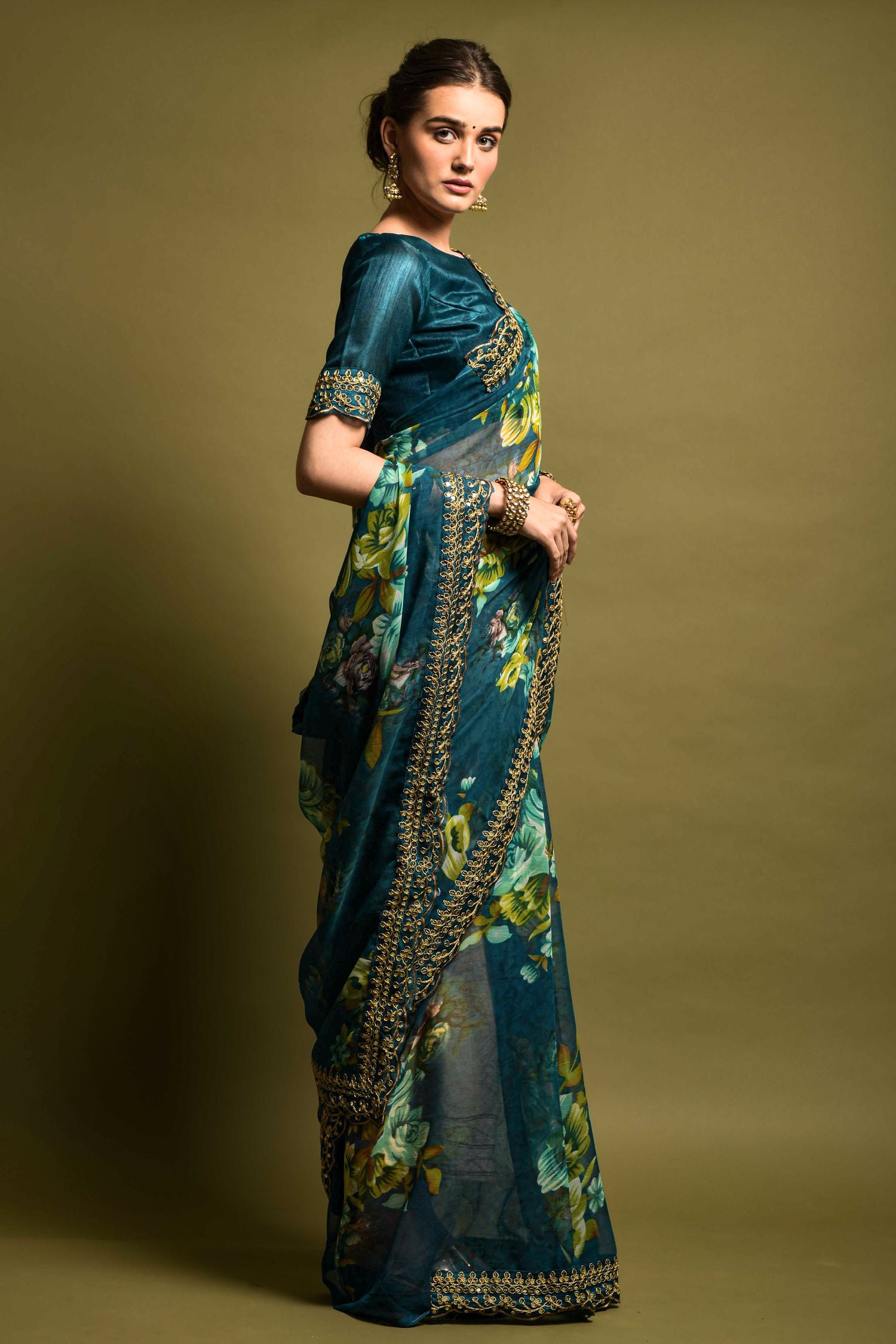 Buy MySilkLove Blue Sparkle Georgette Printed Silk Saree Online