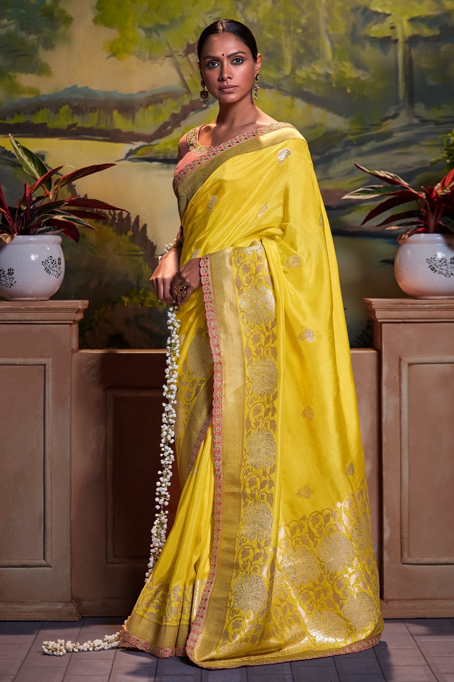 Buy MySilkLove Chenin Yellow Banarasi Silk Floral Woven Saree Online