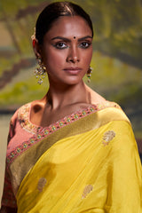 Chenin Yellow Banarasi Silk Floral Woven Saree