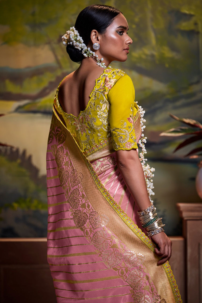 Petite Pink Banarasi Silk Floral Woven Saree