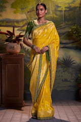 Gold Tips Yellow Banarasi Silk Floral Woven Saree