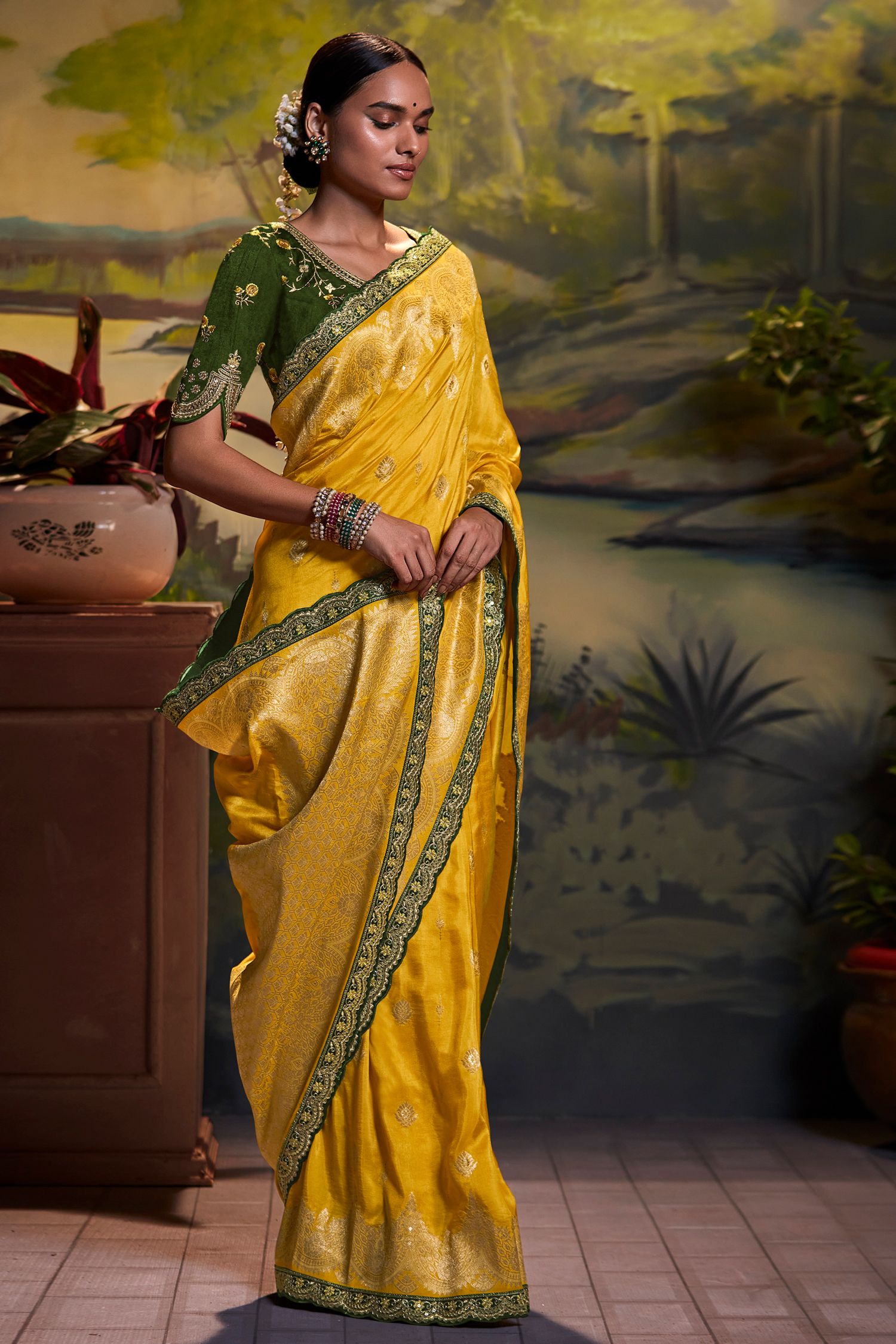 Buy MySilkLove Gold Tips Yellow Banarasi Silk Floral Woven Saree Online