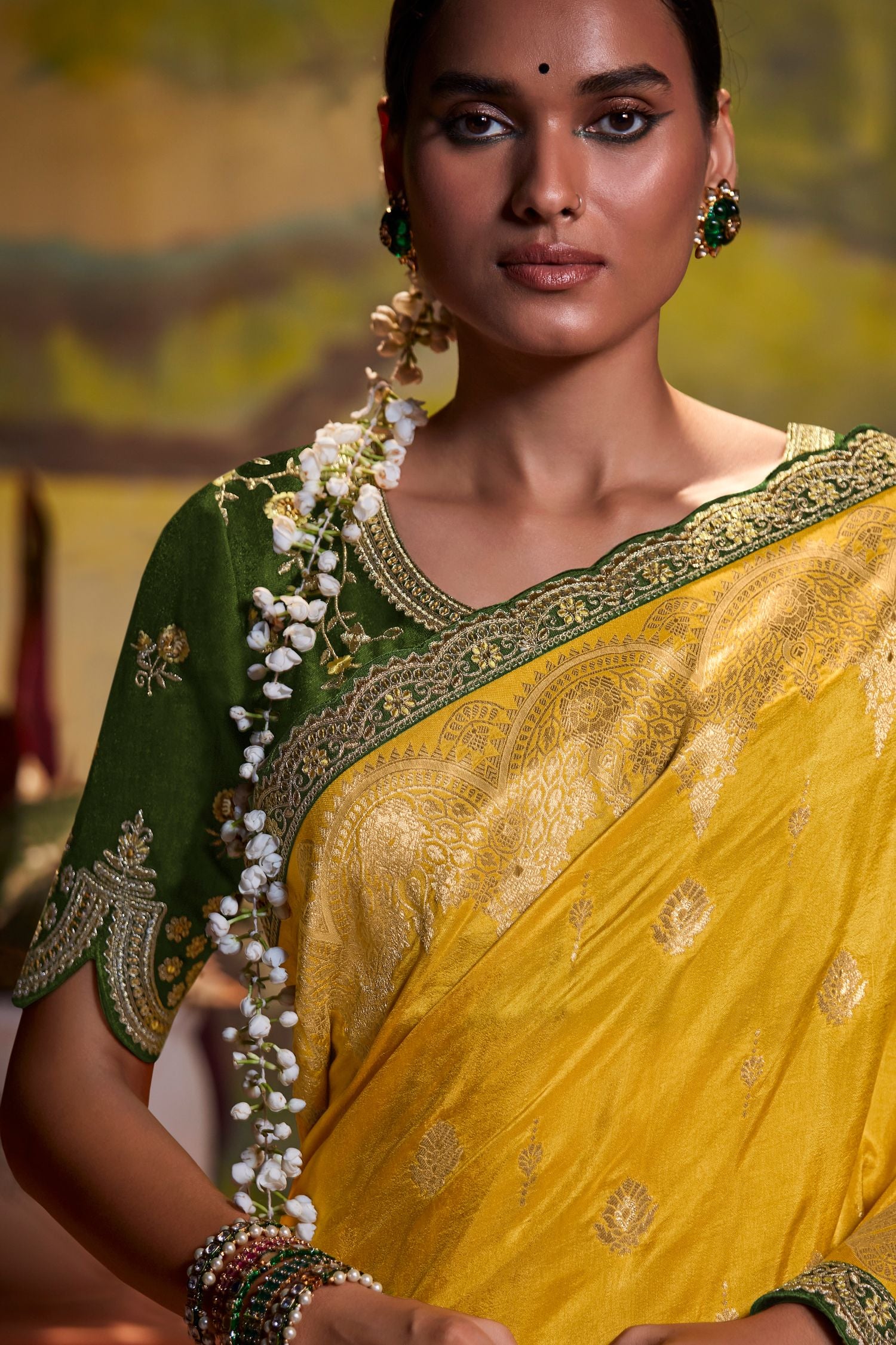 Buy MySilkLove Gold Tips Yellow Banarasi Silk Floral Woven Saree Online