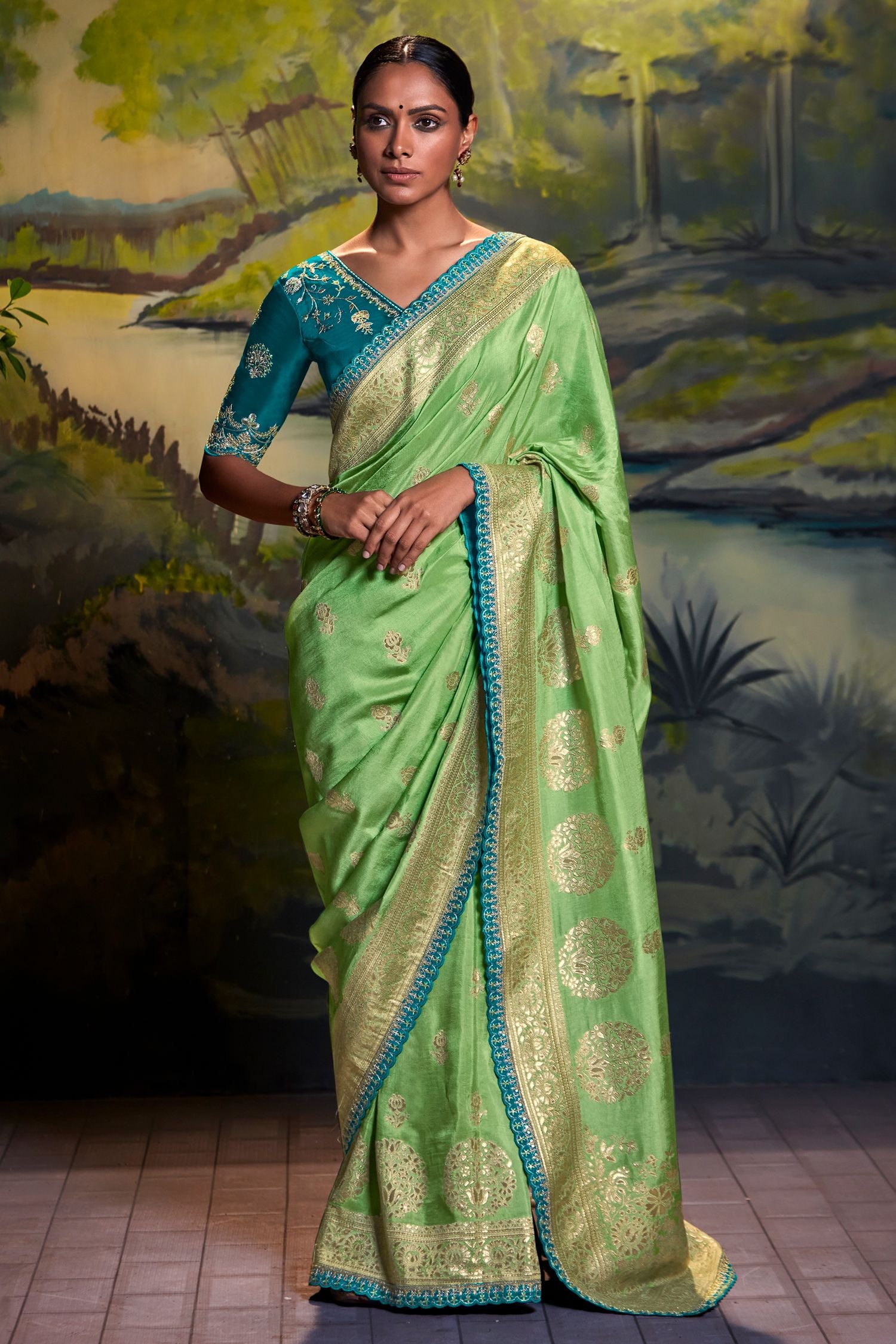 Buy MySilkLove Feijoa Green Banarasi Silk Floral Woven Saree Online