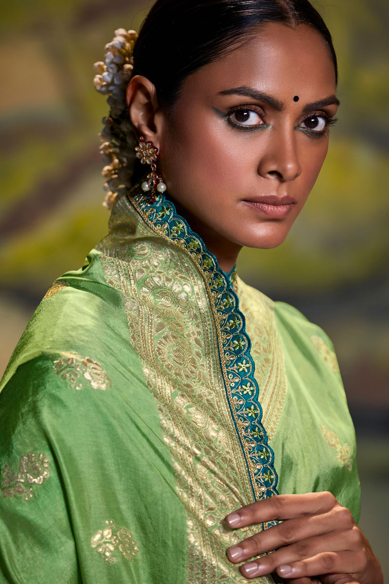 Feijoa Green Banarasi Silk Floral Woven Saree