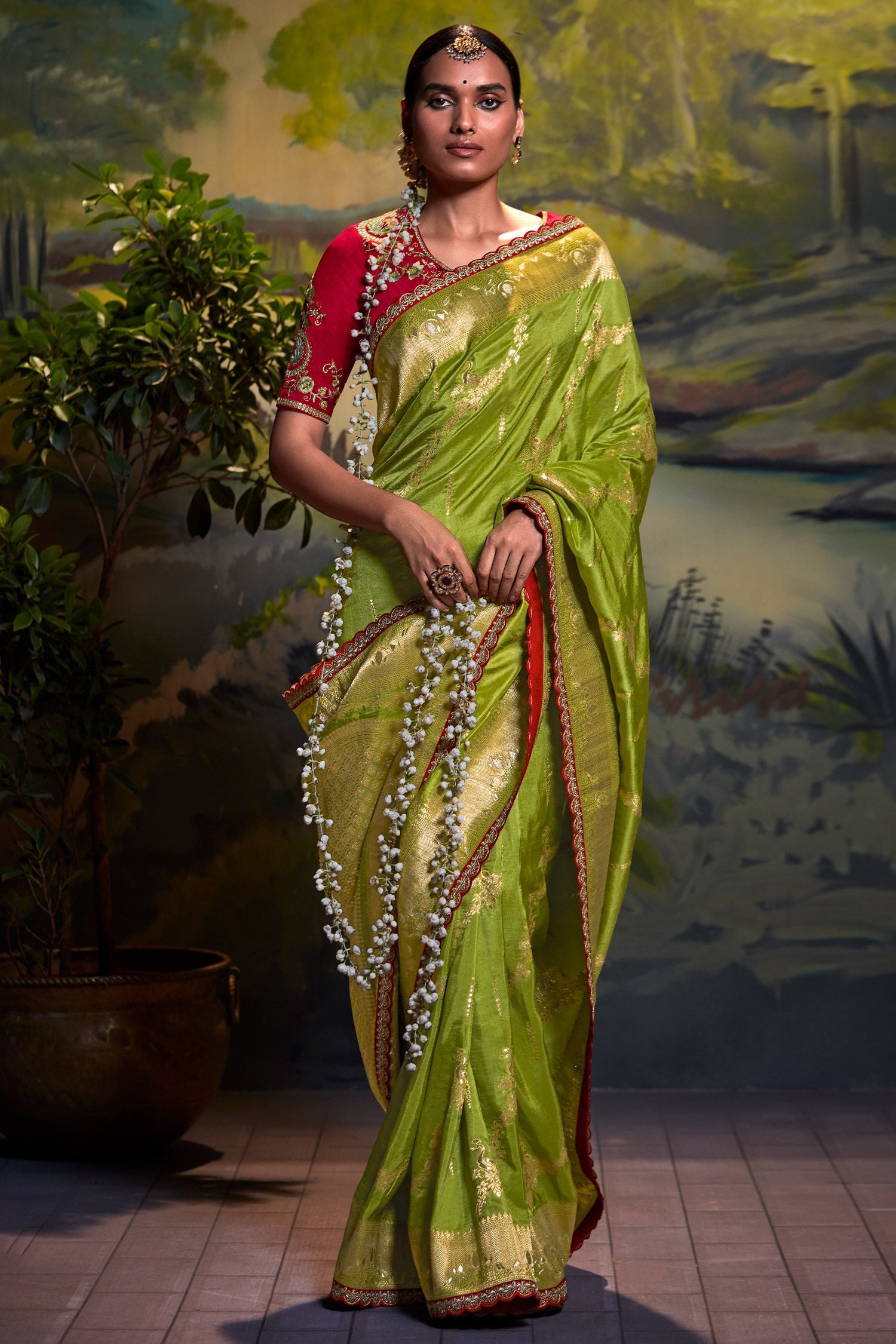 Buy MySilkLove Lemon Green Banarasi Silk Floral Woven Saree Online