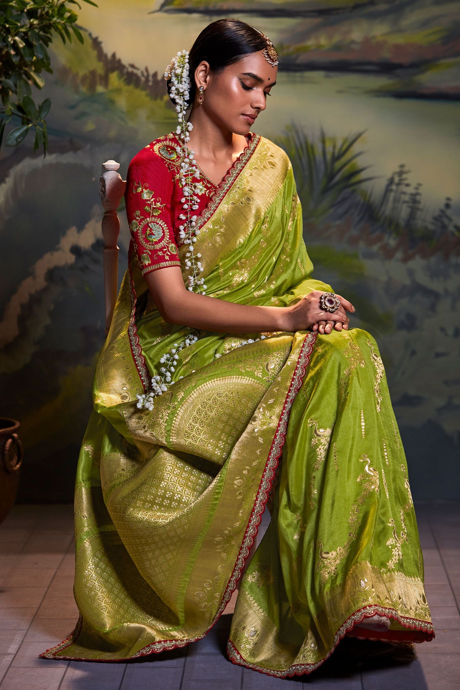 Buy MySilkLove Lemon Green Banarasi Silk Floral Woven Saree Online