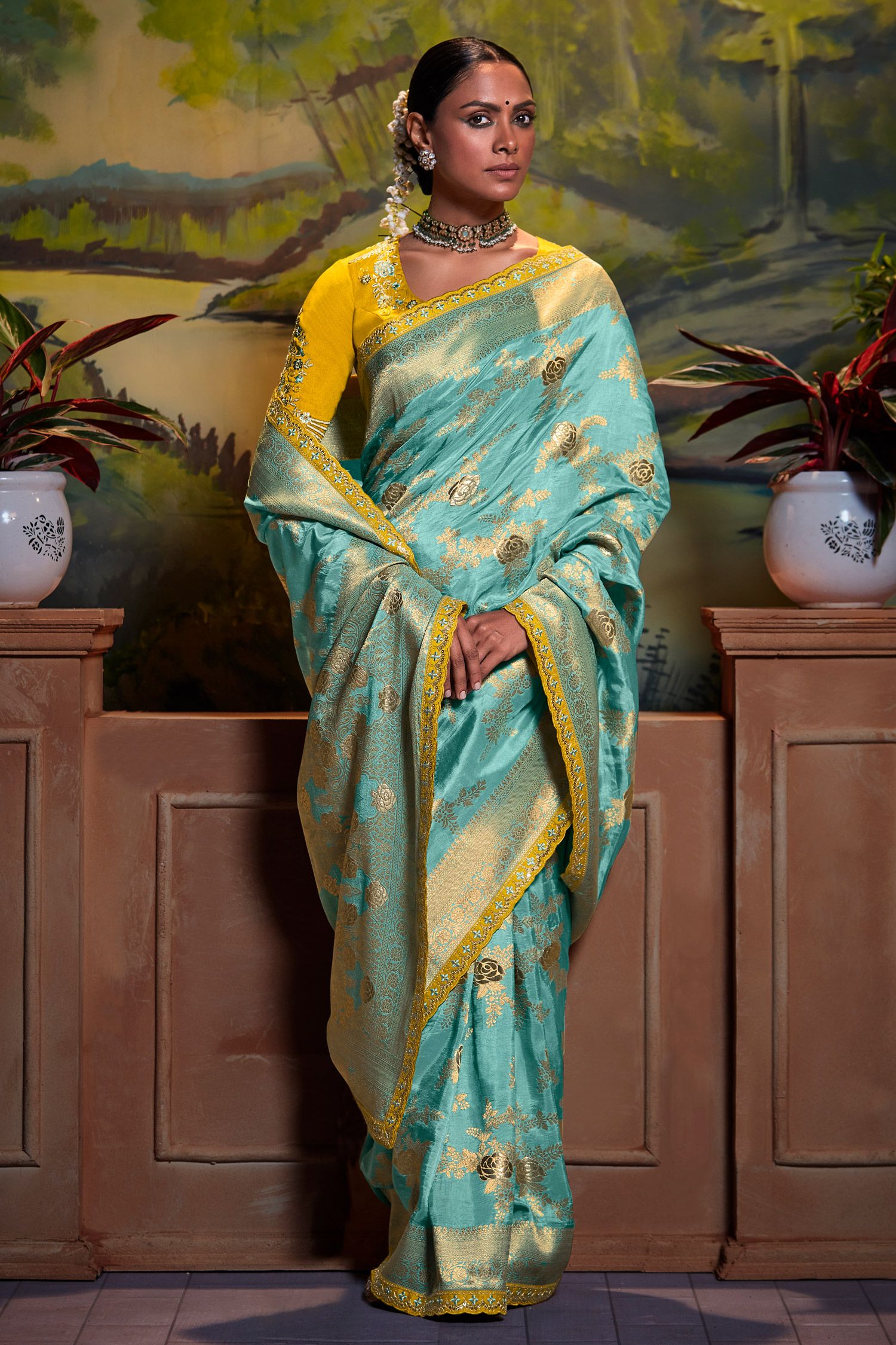 Buy MySilkLove Sky Blue Banarasi Silk Floral Woven Saree Online