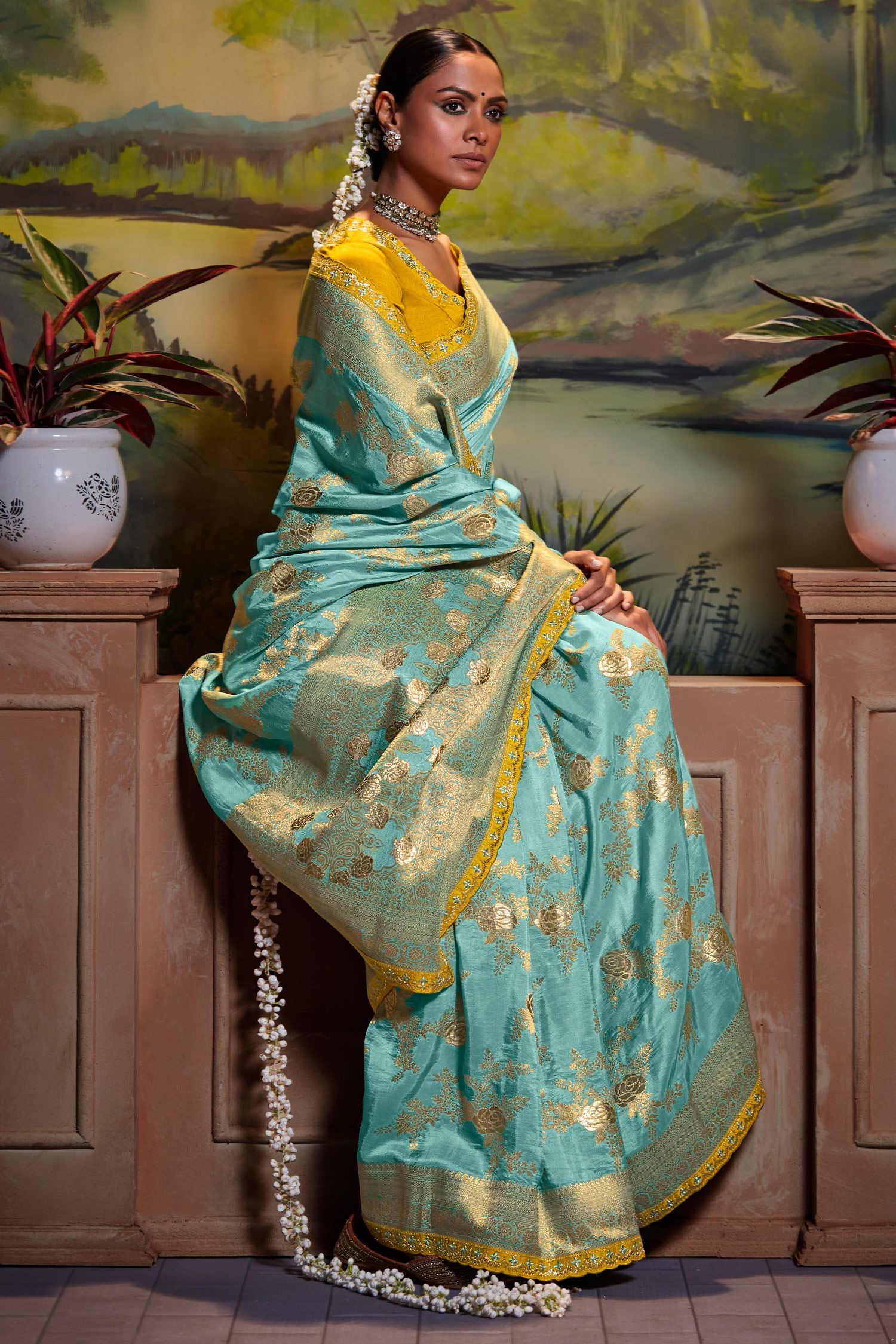 MySilkLove Sky Blue Banarasi Silk Floral Woven Saree