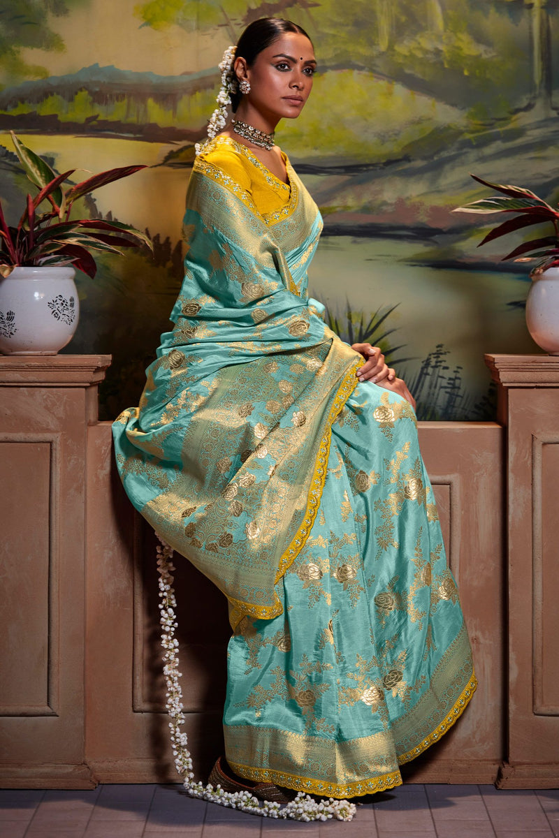 Sky Blue Banarasi Silk Floral Woven Saree