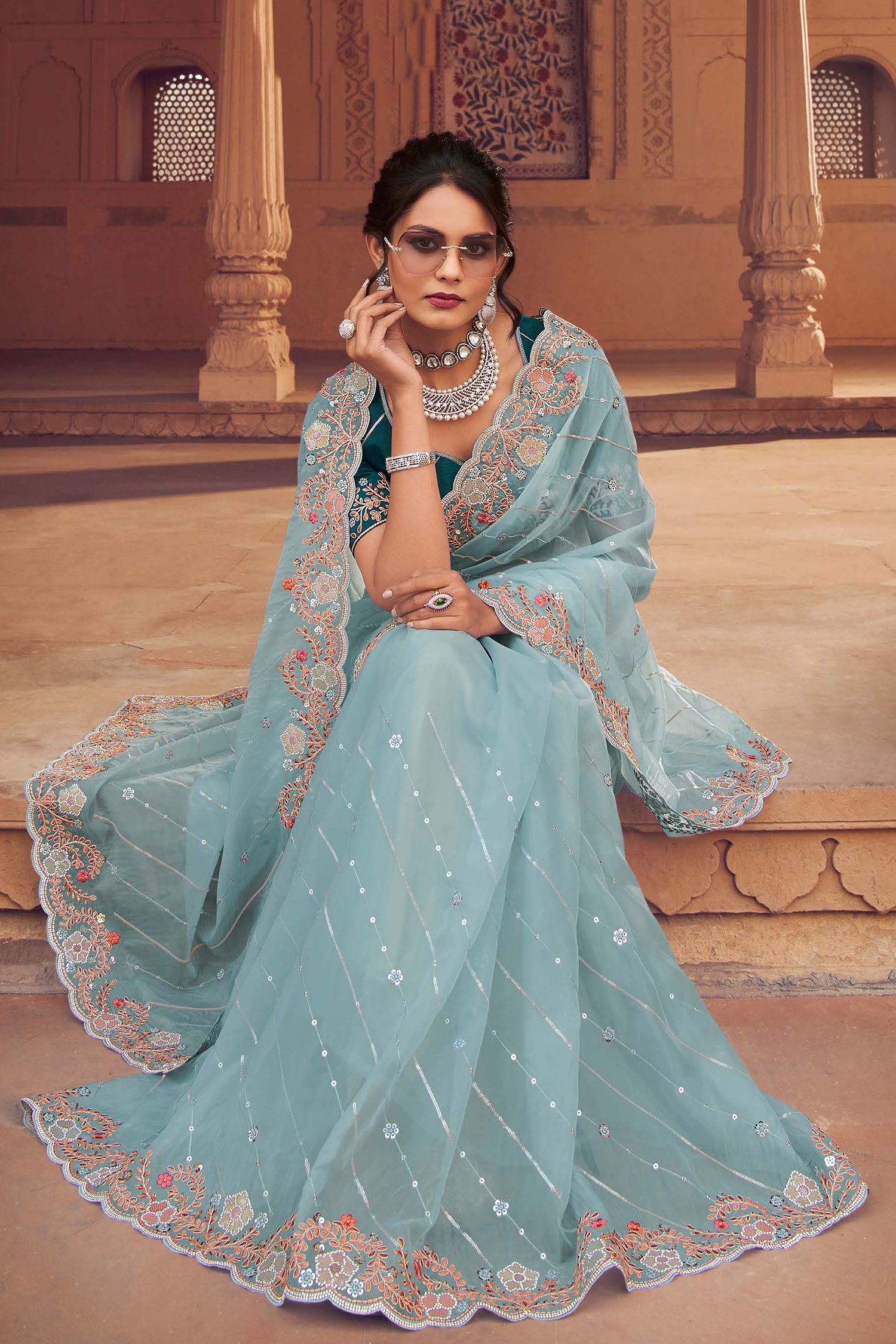 MySilkLove Blue Smoke Organza Silk with Embroidered Designer Saree