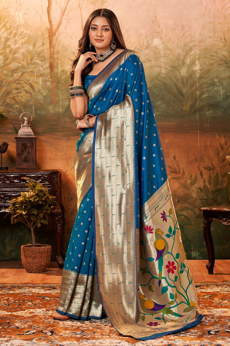 Navy Blue Woven Festive Paithani Silk Saree – Zari Banaras