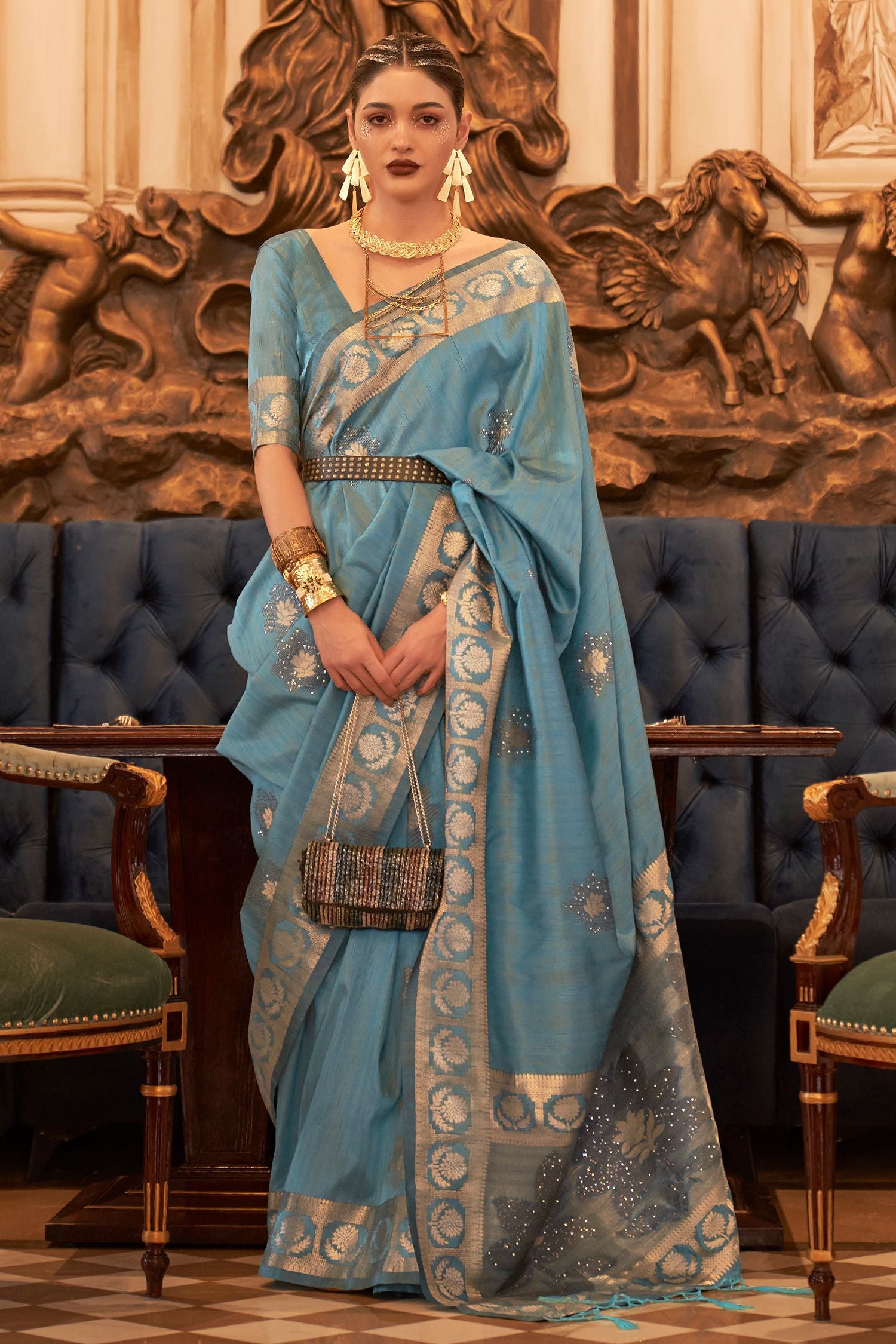 Buy MySilkLove Juniper Blue Woven Tussar Silk Saree Online