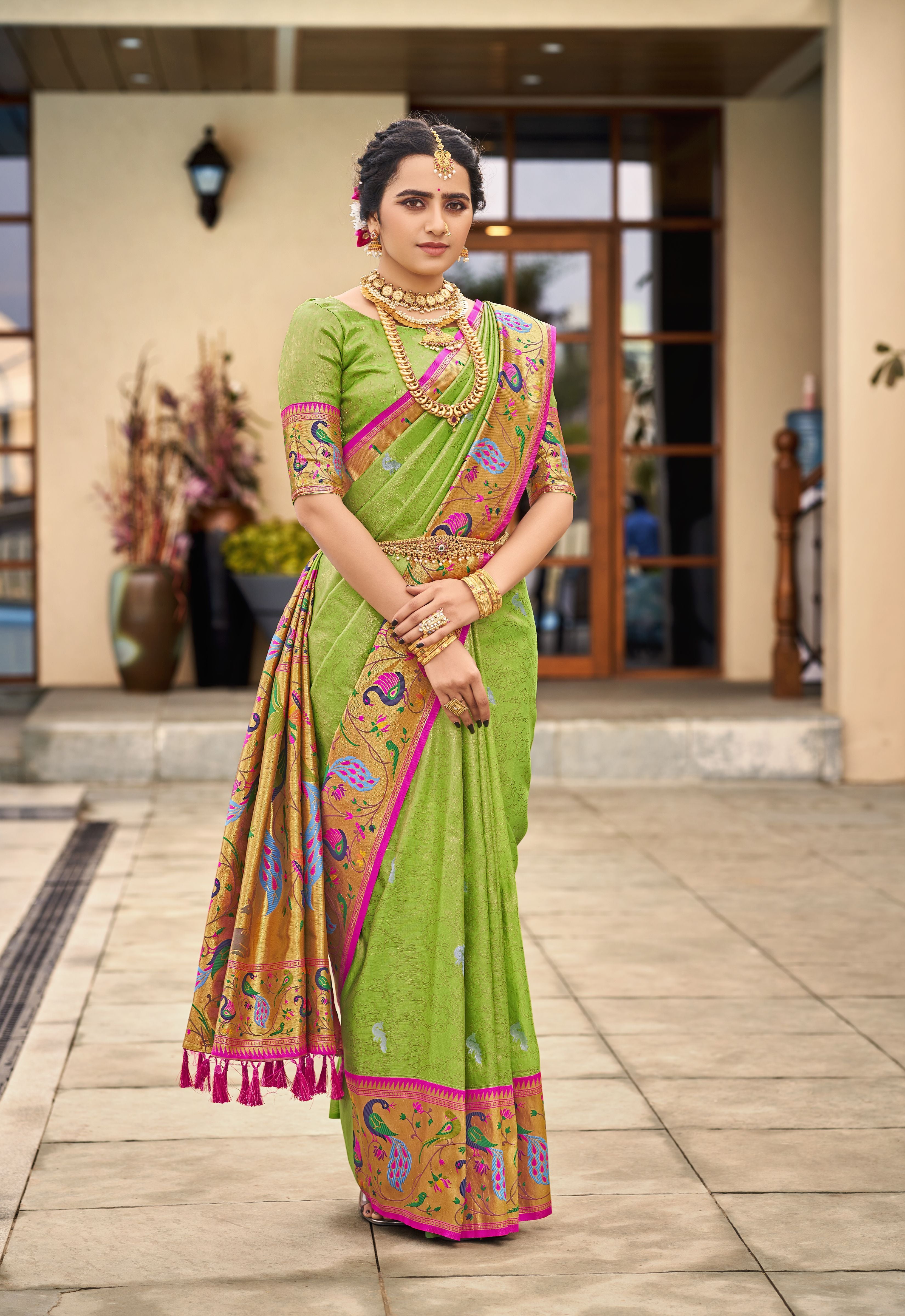 Buy MySilkLove Peridot Green Woven Paithani Silk Saree Online