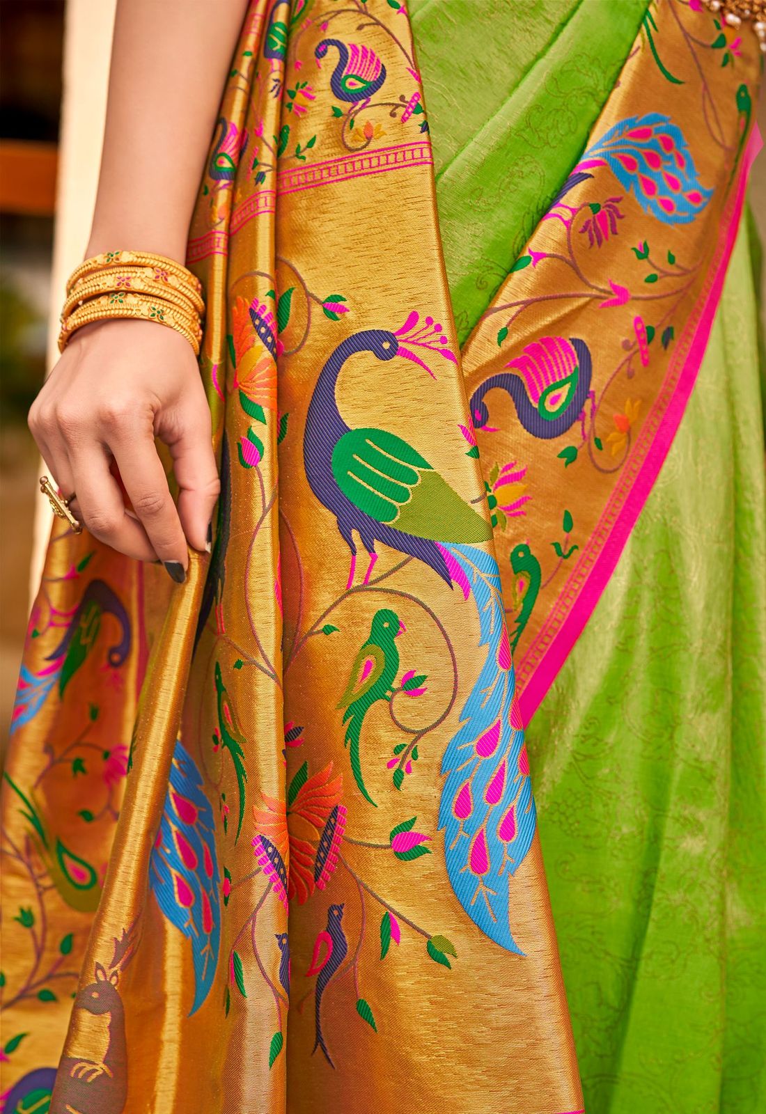 Buy MySilkLove Peridot Green Woven Paithani Silk Saree Online