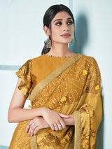 Tussock Yellow Embroidery Designer Georgette Partywear Saree