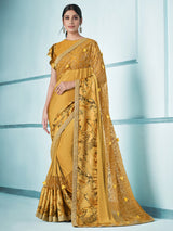 Tussock Yellow Embroidery Designer Georgette Partywear Saree