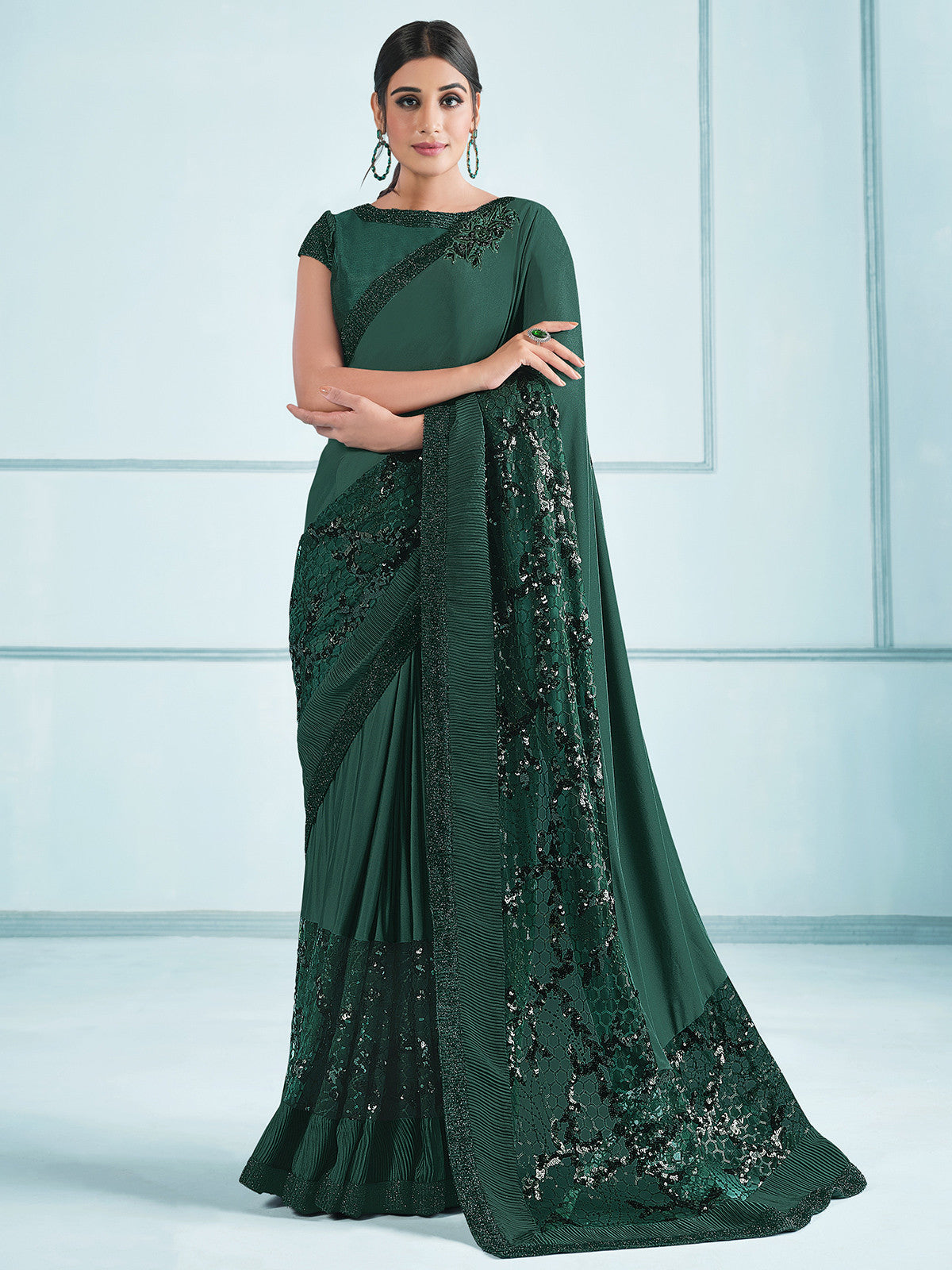 Outer Space Green Embroidery Designer Georgette Partywear Saree